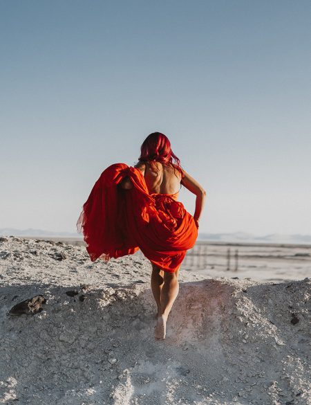 Goddess Photoshoot in a red dress at the Spiral Jetty